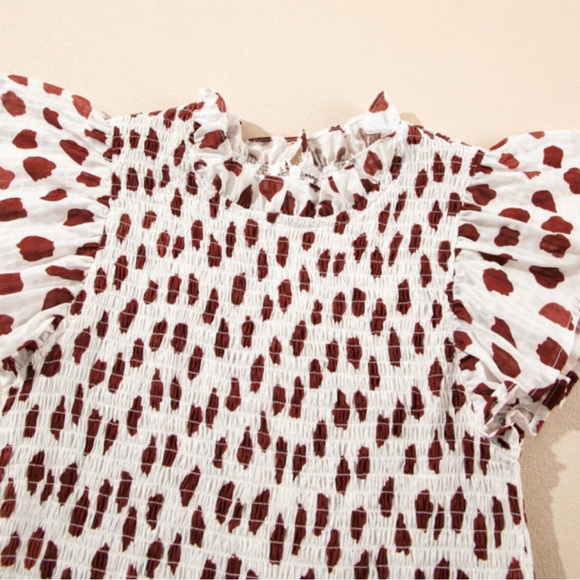 Brown Abstract Printed Flutter Sleeve Smocked Bodice Mini Dress - Picture 8 of 9